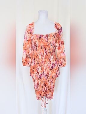 O. Vianca 3/4 Length Puff Sleeve Tie Front Floral Bodycon Dress Size Medium